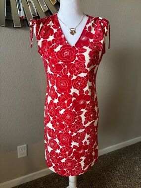 LOFT Red & Cream Floral Tie-Shoulder Midi Dress